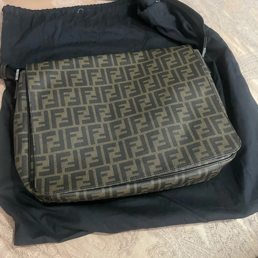 Fendi Mens Flap Messenger Bag Zucca Coated Canvas Medium